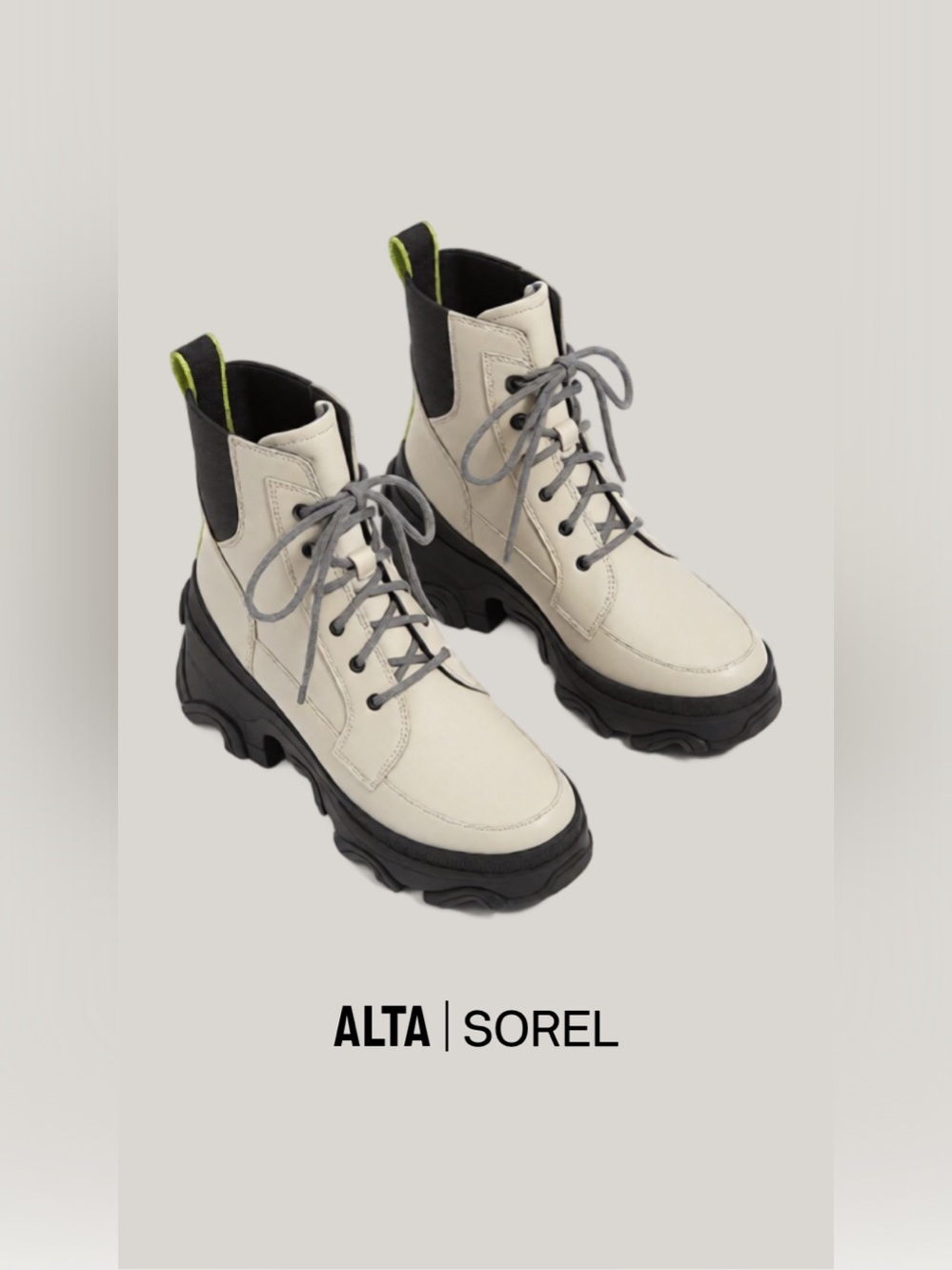 Sorel Cream/off-white Combat Boots with Black Soles and Lime Pull Tabs